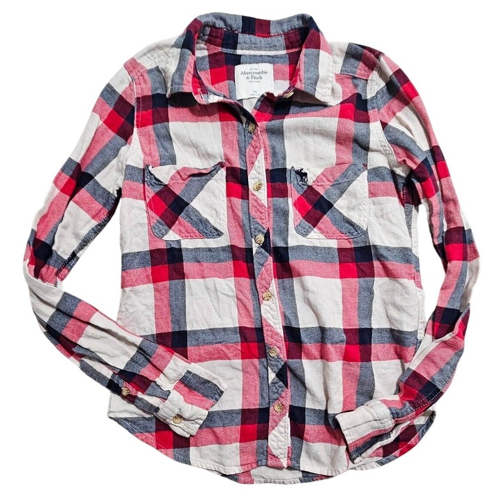 Abercrombie & Fitch Womens XS Plaid Flannel Shirt Red Navy Blue Long Sleeve Logo